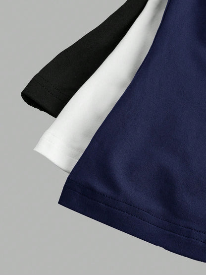 EZwear 3pcs/Set Women Black White Blue Round Neck Casual Tight Long Sleeve T-Shirt Set, Suitable For Summer
