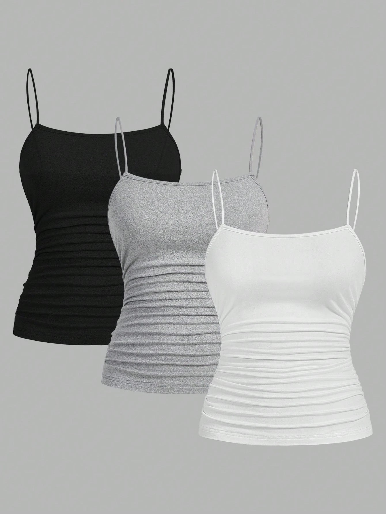 EZwear 3pcs/Set Women Plus Size Ruched Side Slim Fit Casual Camisole Top, Suitable For Summer Back To School
