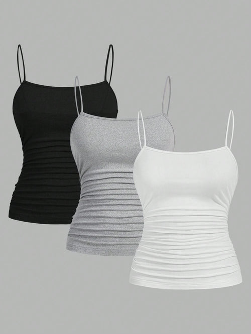EZwear 3pcs/Set Women Plus Size Ruched Side Slim Fit Casual Camisole Top, Suitable For Summer Back To School