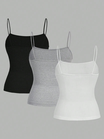 EZwear 3pcs/Set Women Plus Size Ruched Side Slim Fit Casual Camisole Top, Suitable For Summer Back To School