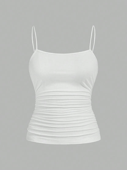 EZwear 3pcs/Set Women Plus Size Ruched Side Slim Fit Casual Camisole Top, Suitable For Summer Back To School