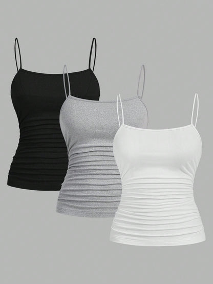 EZwear 3pcs/Set Women Plus Size Ruched Side Slim Fit Casual Camisole Top, Suitable For Summer Back To School