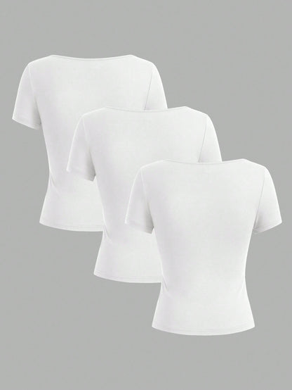 EZwear 3pcs Women's Short Sleeve Cropped Casual Fitted T-Shirts, Suitable For Summer