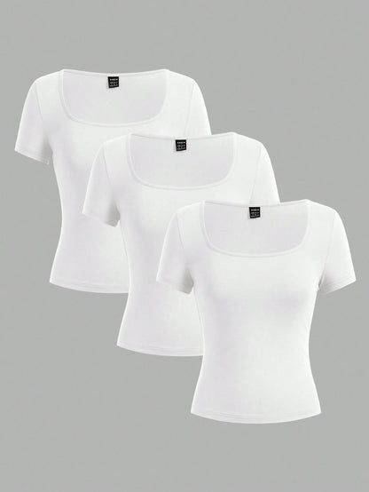 EZwear 3pcs Women's Short Sleeve Cropped Casual Fitted T-Shirts, Suitable For Summer
