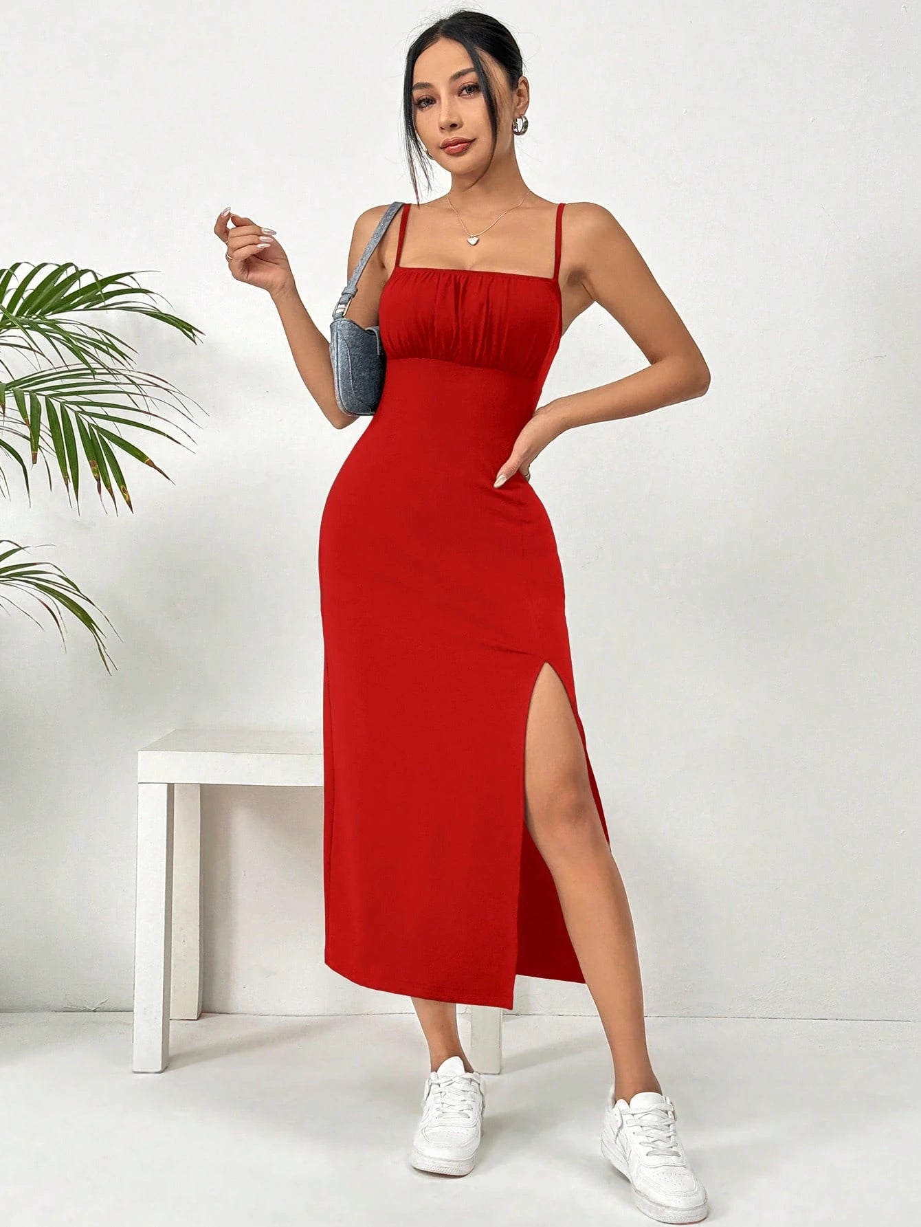 EZwear Leopard Print Slit Midi Cami Dress,Summer Dresses For Women