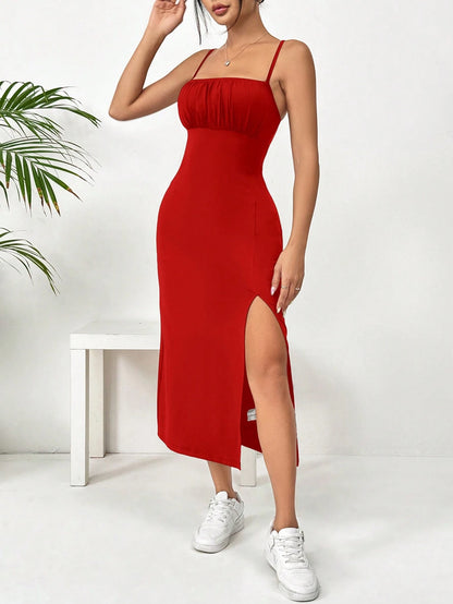 EZwear Leopard Print Slit Midi Cami Dress,Summer Dresses For Women