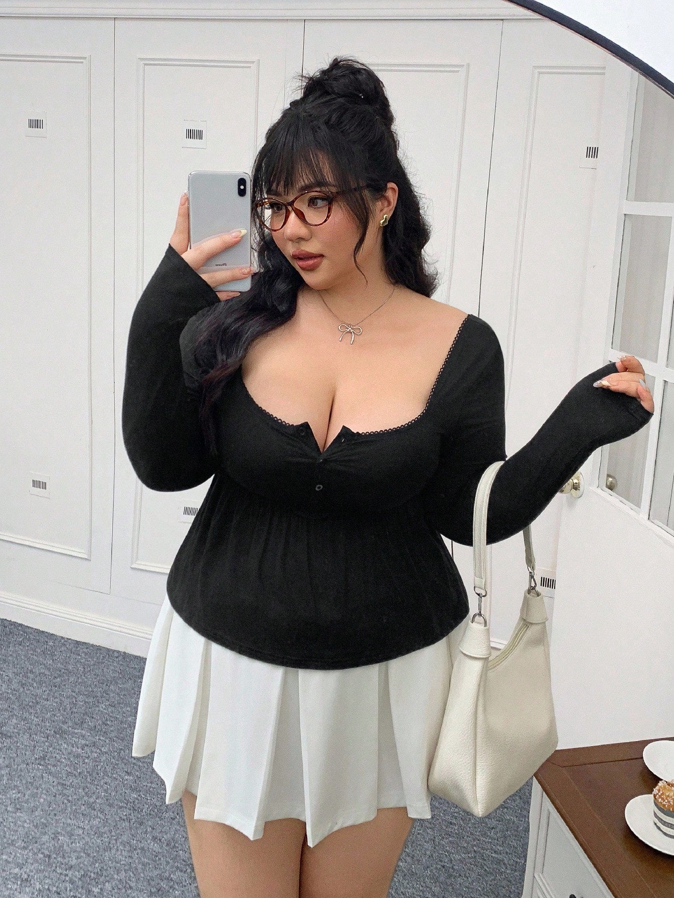 EZwear Plus Size Casual Square Neck T-Shirt, White, For Spring/Summer Holiday Fall