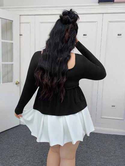 EZwear Plus Size Casual Square Neck T-Shirt, White, For Spring/Summer Holiday Fall