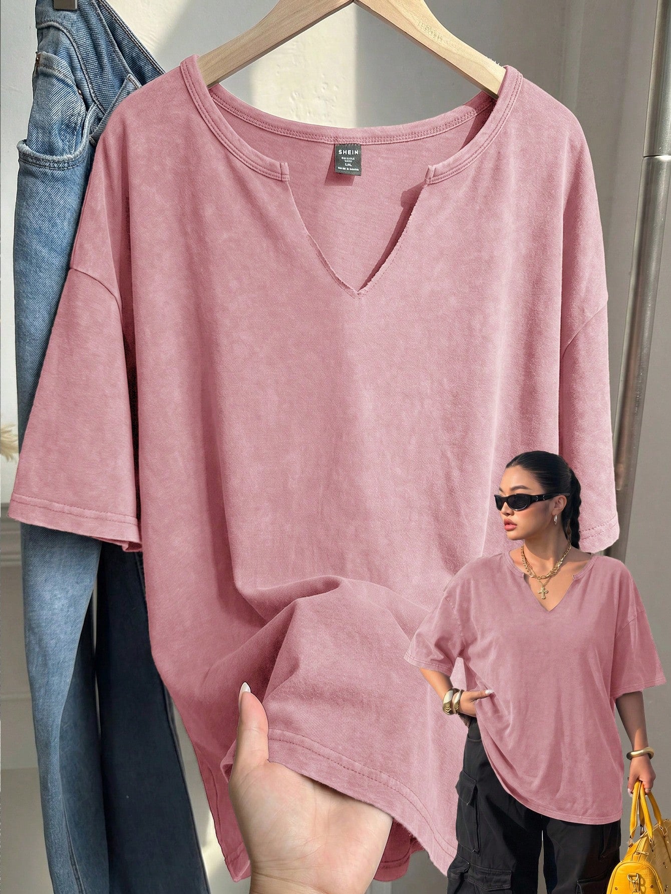 EZwear Plus Size Spring/Summer Snowflake Acetate Distressed Pink Loose Short Sleeve Small V-Neck T-Shirt Cotton Formal Holiday Casual