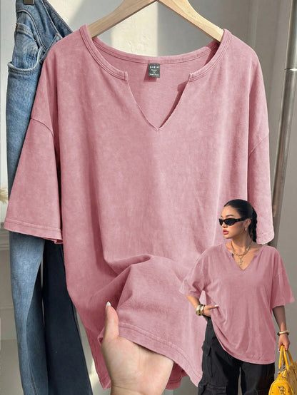 EZwear Plus Size Spring/Summer Snowflake Acetate Distressed Pink Loose Short Sleeve Small V-Neck T-Shirt Cotton Formal Holiday Casual