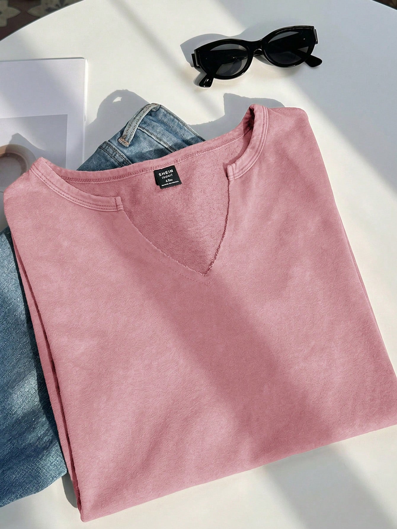 EZwear Plus Size Spring/Summer Snowflake Acetate Distressed Pink Loose Short Sleeve Small V-Neck T-Shirt Cotton Formal Holiday Casual