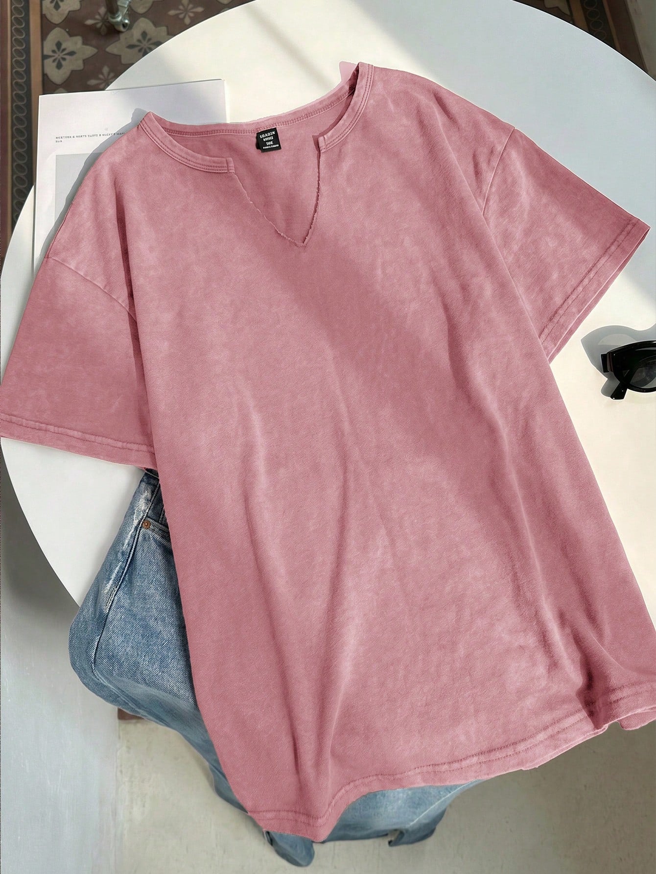 EZwear Plus Size Spring/Summer Snowflake Acetate Distressed Pink Loose Short Sleeve Small V-Neck T-Shirt Cotton Formal Holiday Casual