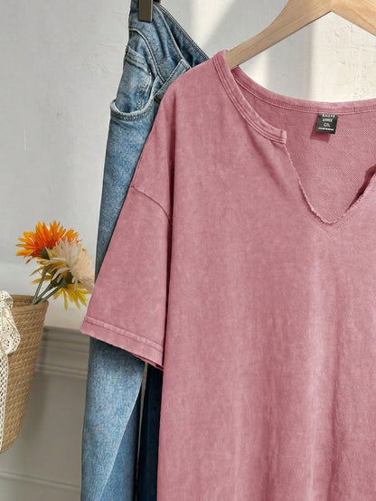 EZwear Plus Size Spring/Summer Snowflake Acetate Distressed Pink Loose Short Sleeve Small V-Neck T-Shirt Cotton Formal Holiday Casual