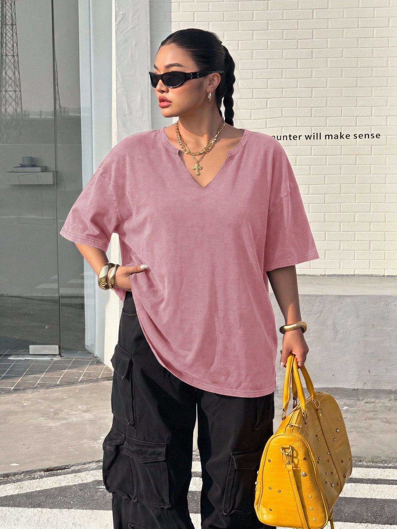 EZwear Plus Size Spring/Summer Snowflake Acetate Distressed Pink Loose Short Sleeve Small V-Neck T-Shirt Cotton Formal Holiday Casual