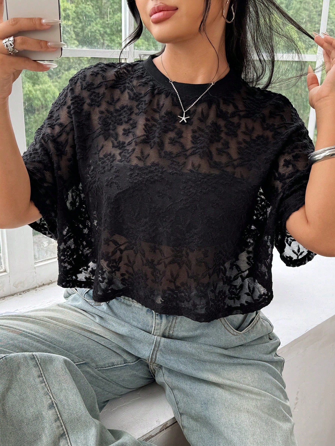 EZwear Plus Size Women Black Casual Embroidered Sheer Sexy T-Shirt