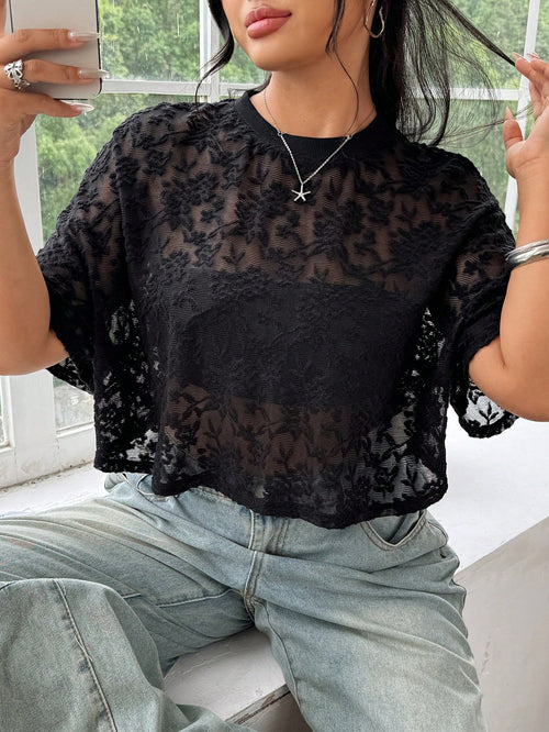 EZwear Plus Size Women Black Casual Embroidered Sheer Sexy T-Shirt