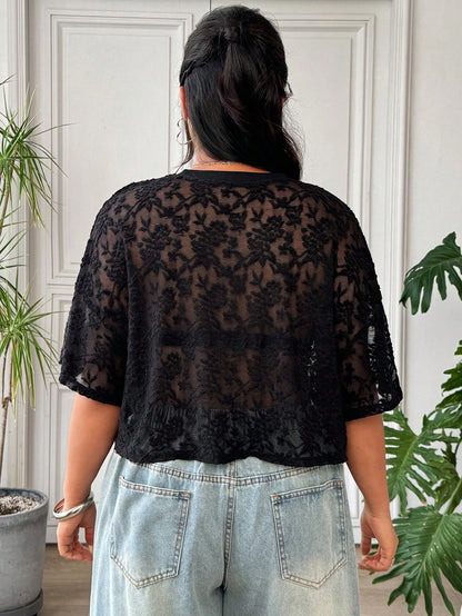 EZwear Plus Size Women Black Casual Embroidered Sheer Sexy T-Shirt
