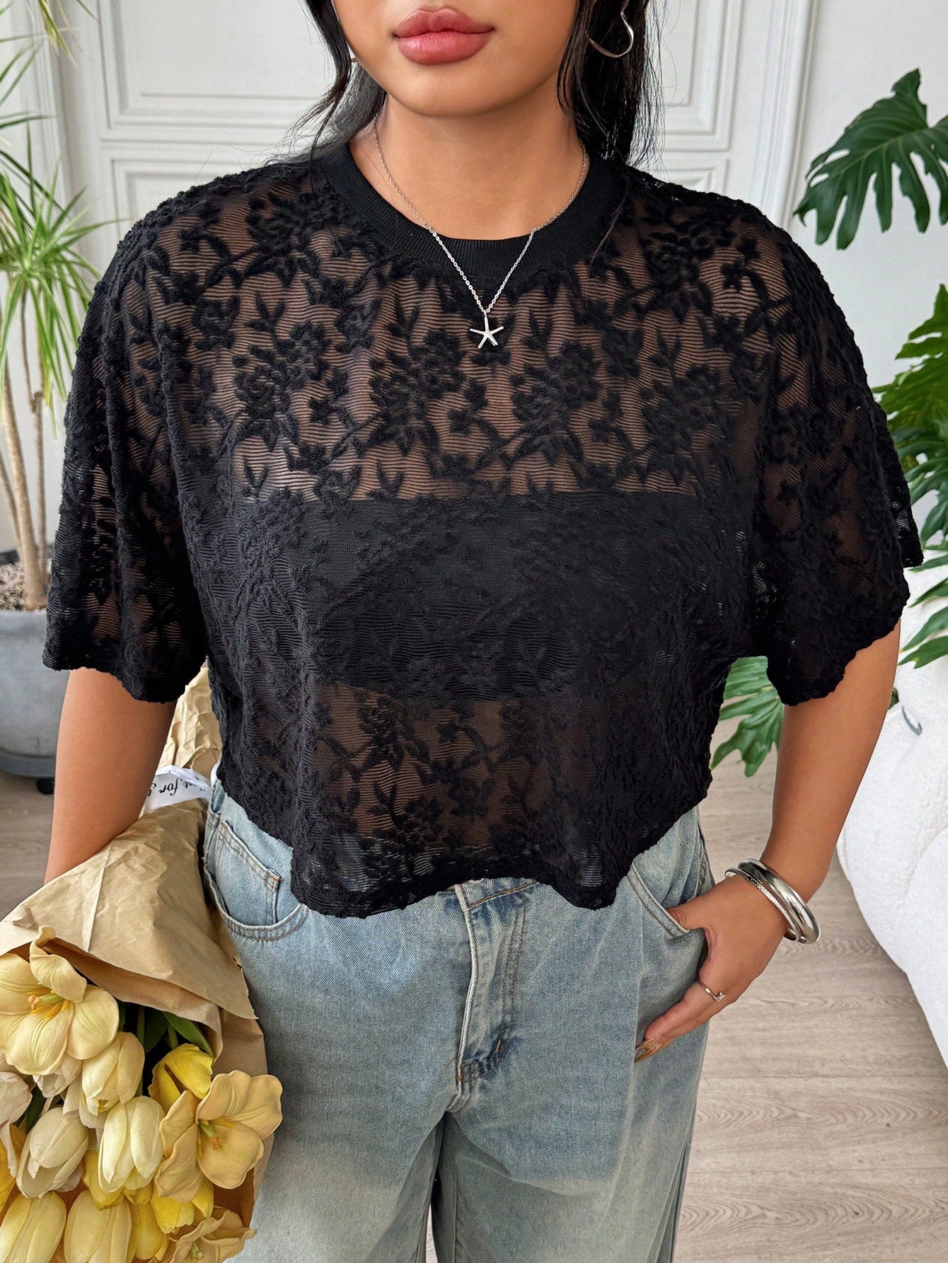 EZwear Plus Size Women Black Casual Embroidered Sheer Sexy T-Shirt