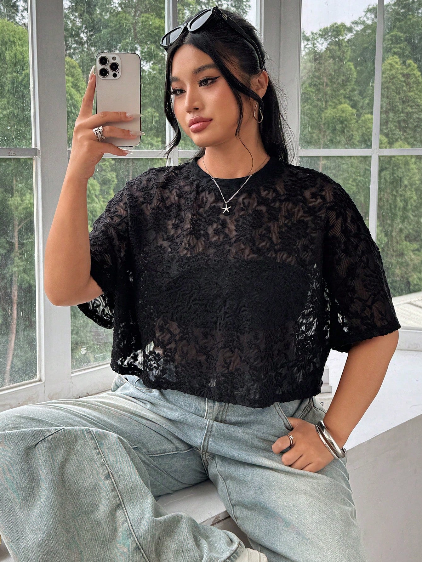 EZwear Plus Size Women Black Casual Embroidered Sheer Sexy T-Shirt