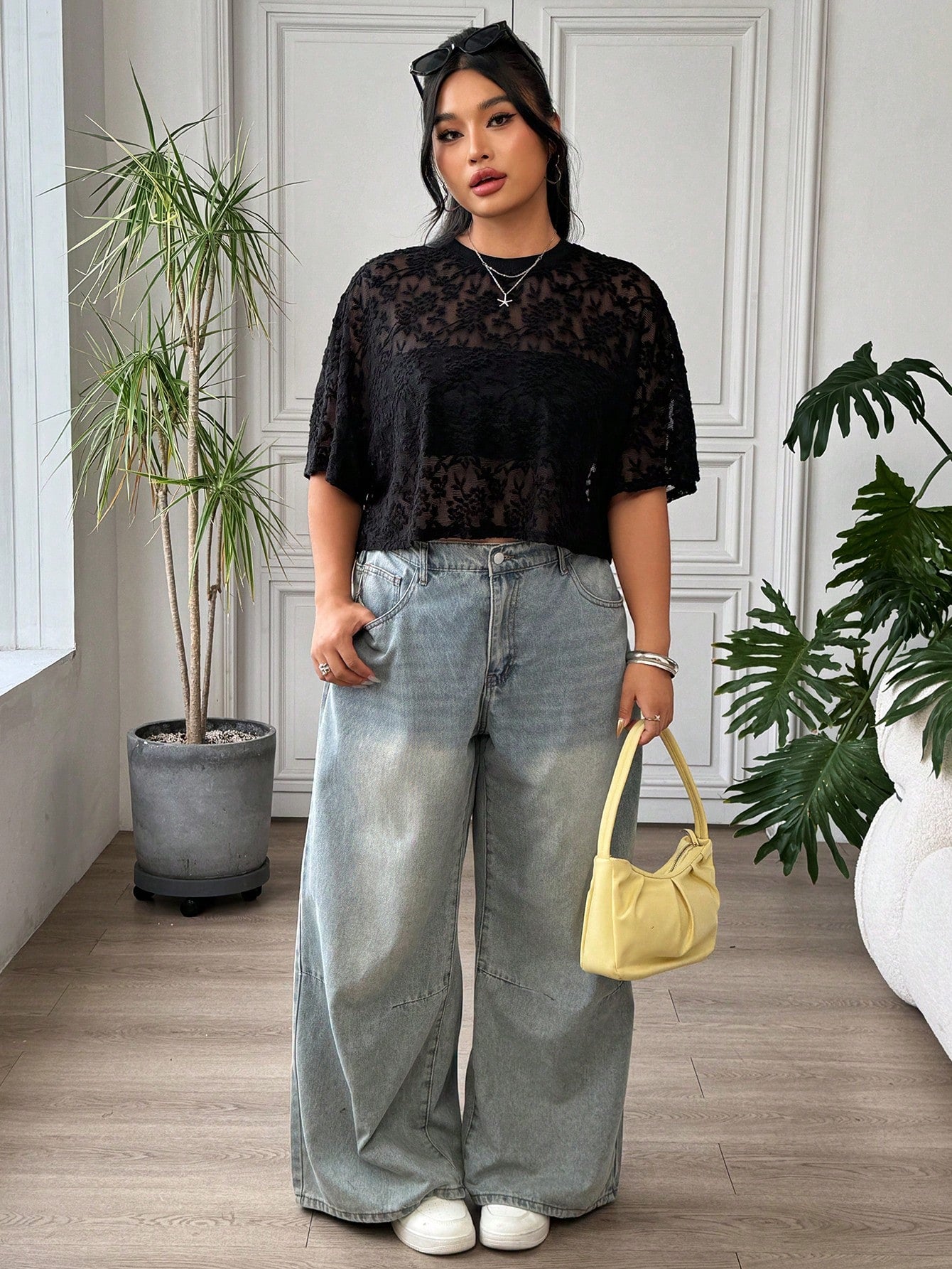 EZwear Plus Size Women Black Casual Embroidered Sheer Sexy T-Shirt