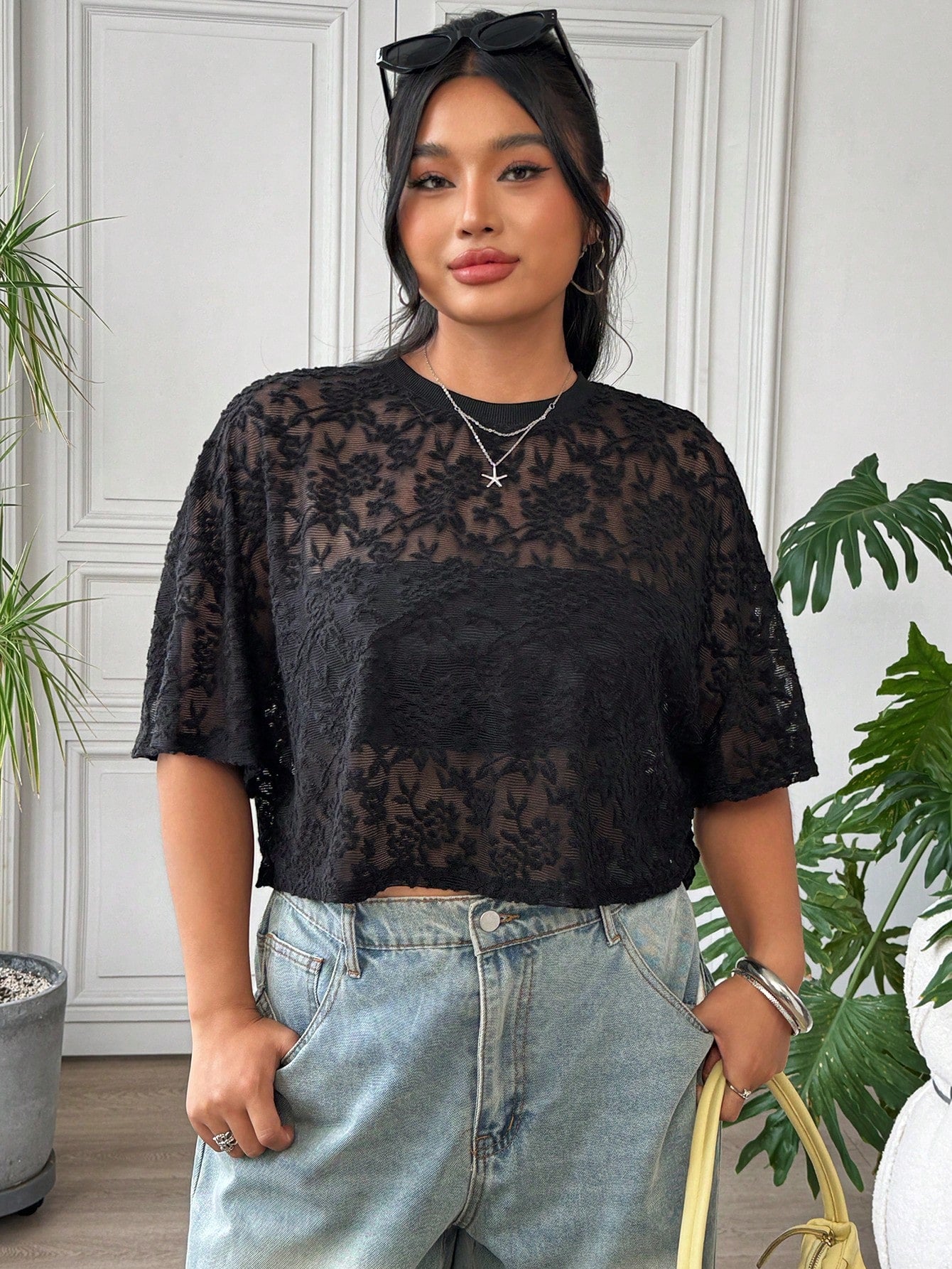EZwear Plus Size Women Black Casual Embroidered Sheer Sexy T-Shirt