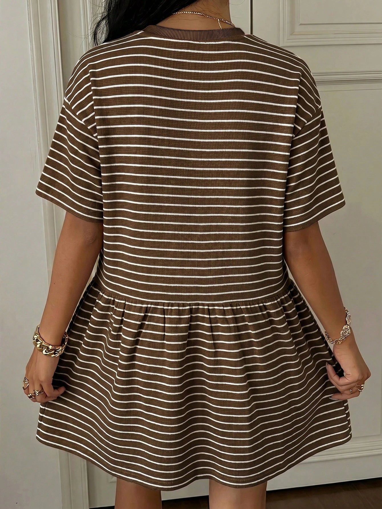 EZwear Summer Casual Striped Knit Loose Babydoll Dress For Women Stripe Women's Brown Short Sleeve Dresses Outfits Co Ord