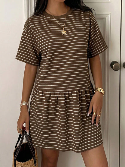 EZwear Summer Casual Striped Knit Loose Babydoll Dress For Women Stripe Women's Brown Short Sleeve Dresses Outfits Co Ord