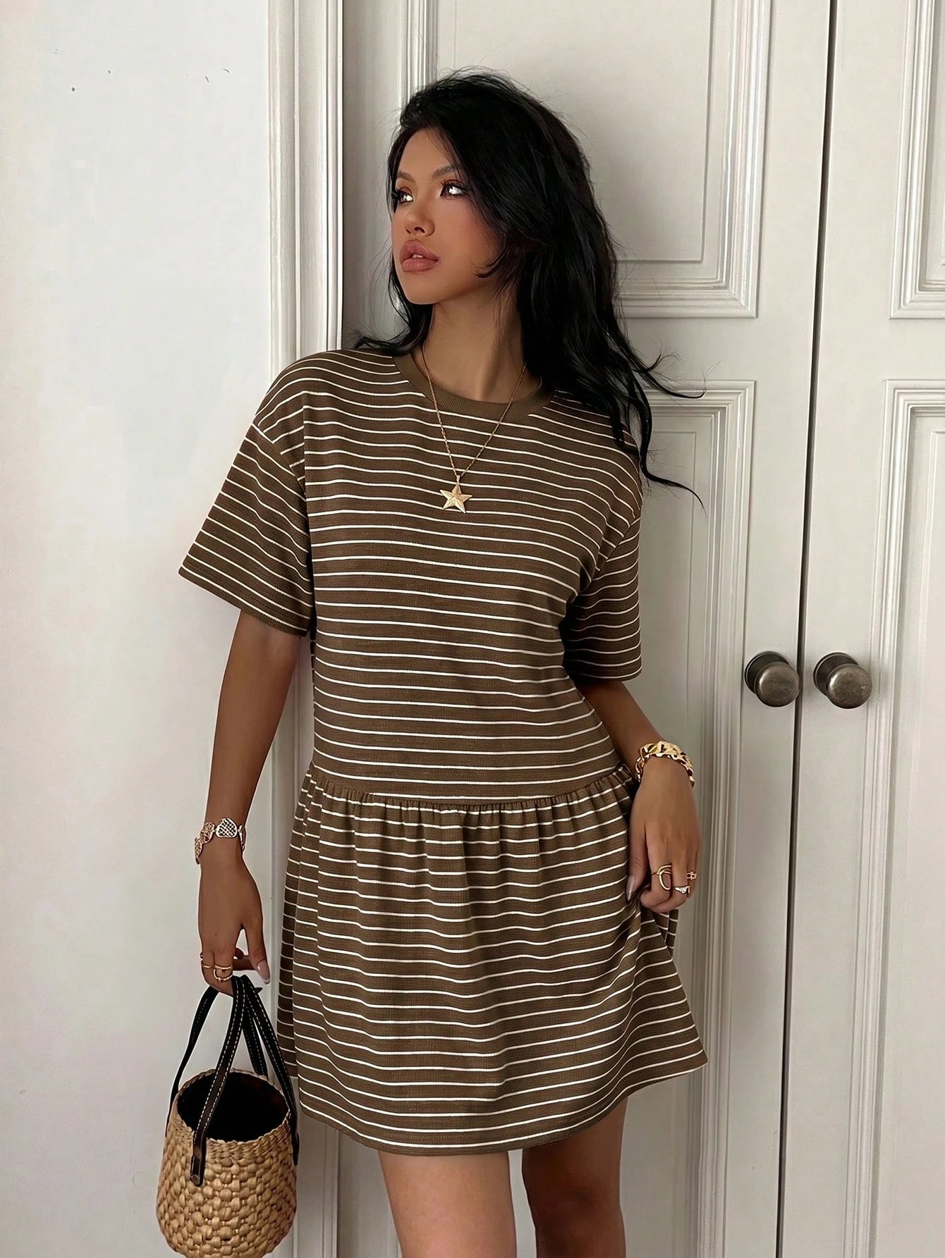 EZwear Summer Casual Striped Knit Loose Babydoll Dress For Women Stripe Women's Brown Short Sleeve Dresses Outfits Co Ord