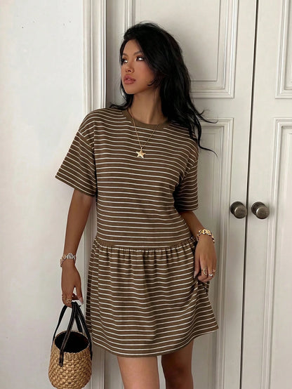 EZwear Summer Casual Striped Knit Loose Babydoll Dress For Women Stripe Women's Brown Short Sleeve Dresses Outfits Co Ord