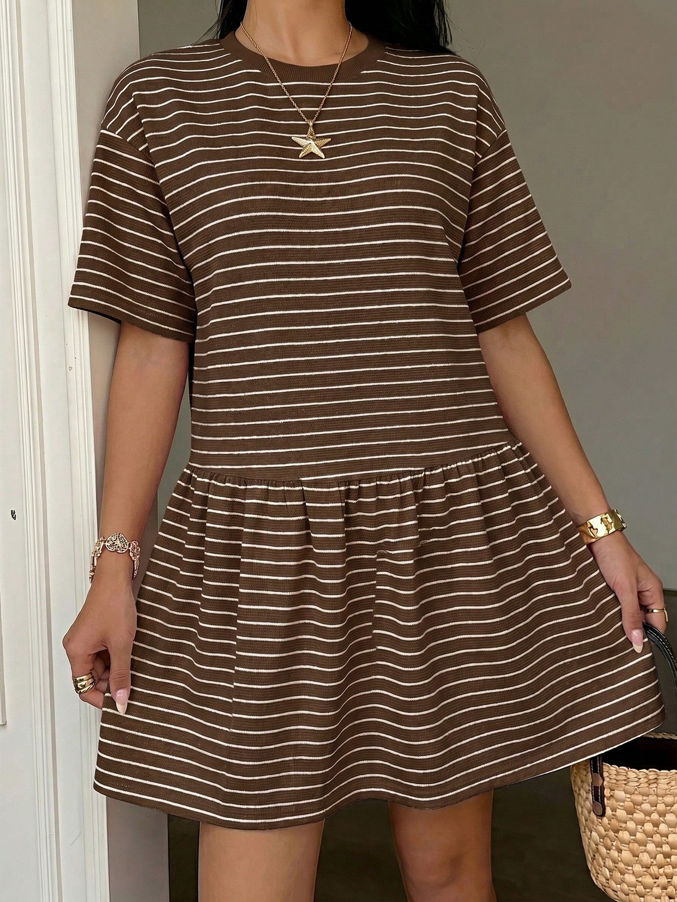 EZwear Summer Casual Striped Knit Loose Babydoll Dress For Women Stripe Women's Brown Short Sleeve Dresses Outfits Co Ord