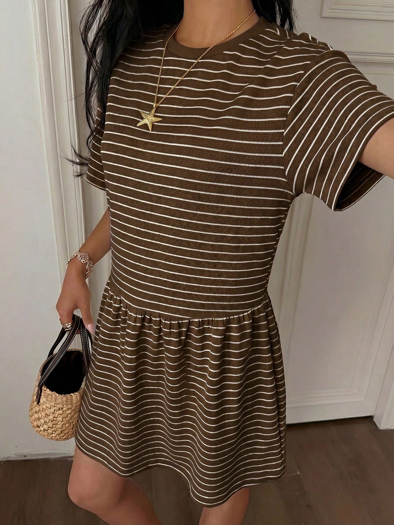 EZwear Summer Casual Striped Knit Loose Babydoll Dress For Women Stripe Women's Brown Short Sleeve Dresses Outfits Co Ord
