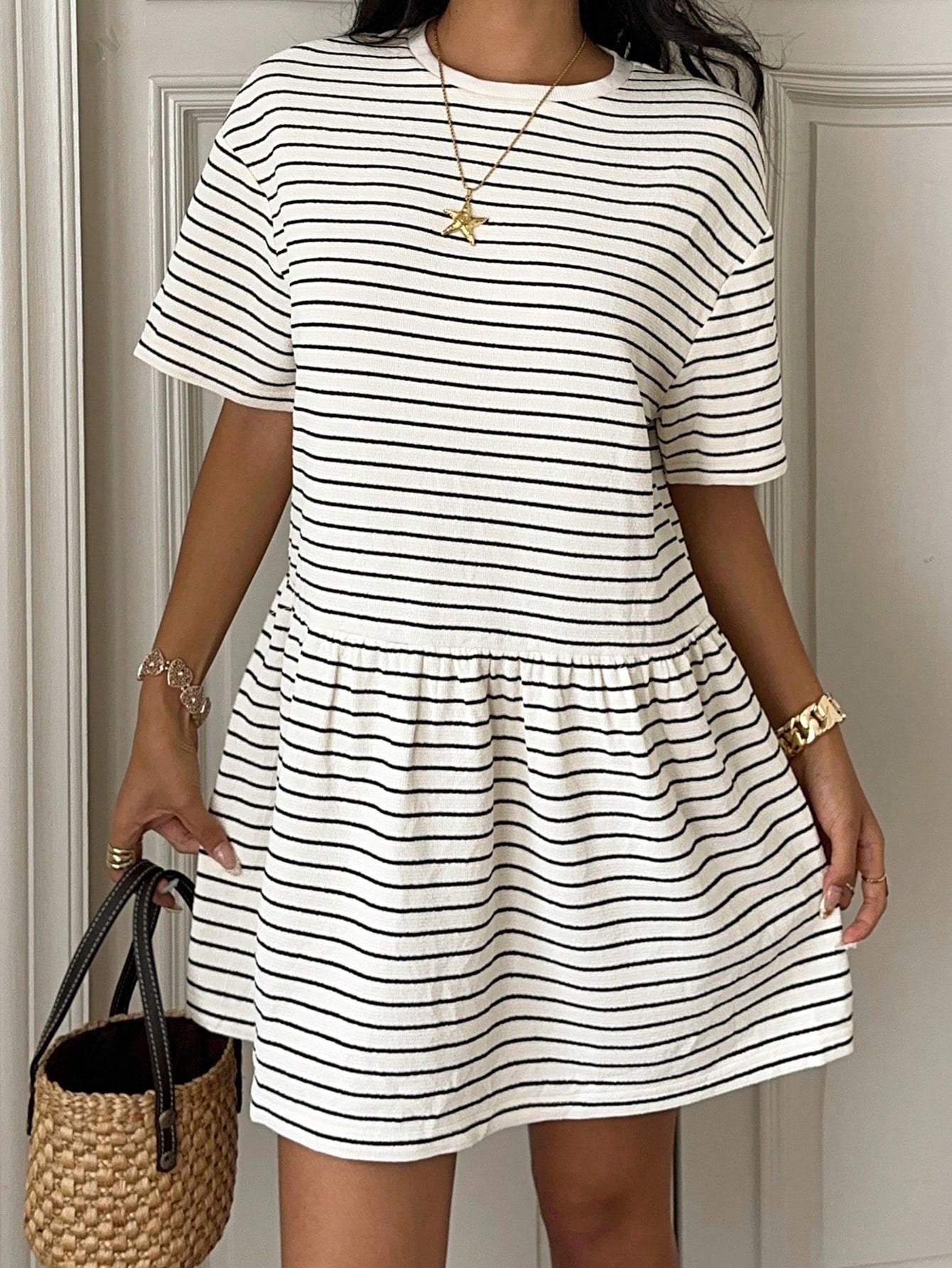 EZwear Summer Casual Striped Knit Loose Babydoll Dress For Women Stripe Women's Brown Short Sleeve Dresses Outfits Co Ord