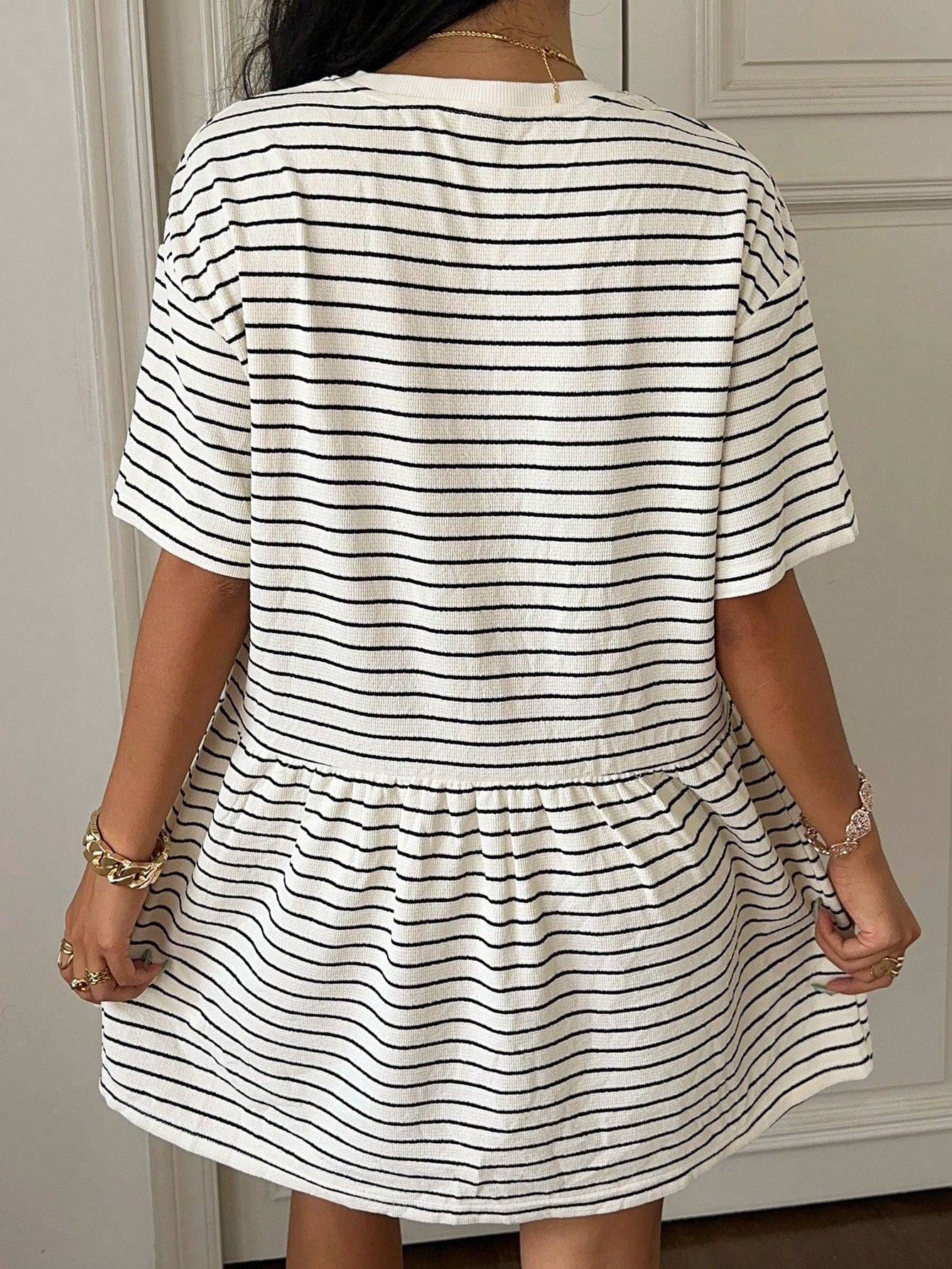EZwear Summer Casual Striped Knit Loose Babydoll Dress For Women Stripe Women's Brown Short Sleeve Dresses Outfits Co Ord
