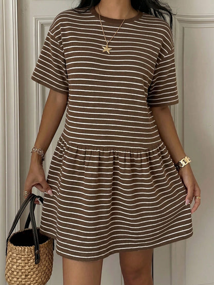 EZwear Summer Casual Striped Knit Loose Babydoll Dress For Women Stripe Women's Brown Short Sleeve Dresses Outfits Co Ord
