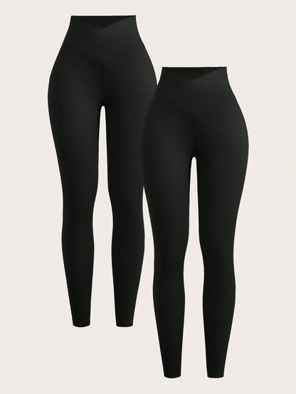 EZwear Two-Piece Set Women's Solid Color High Waist Simple Slim Casual Leggings