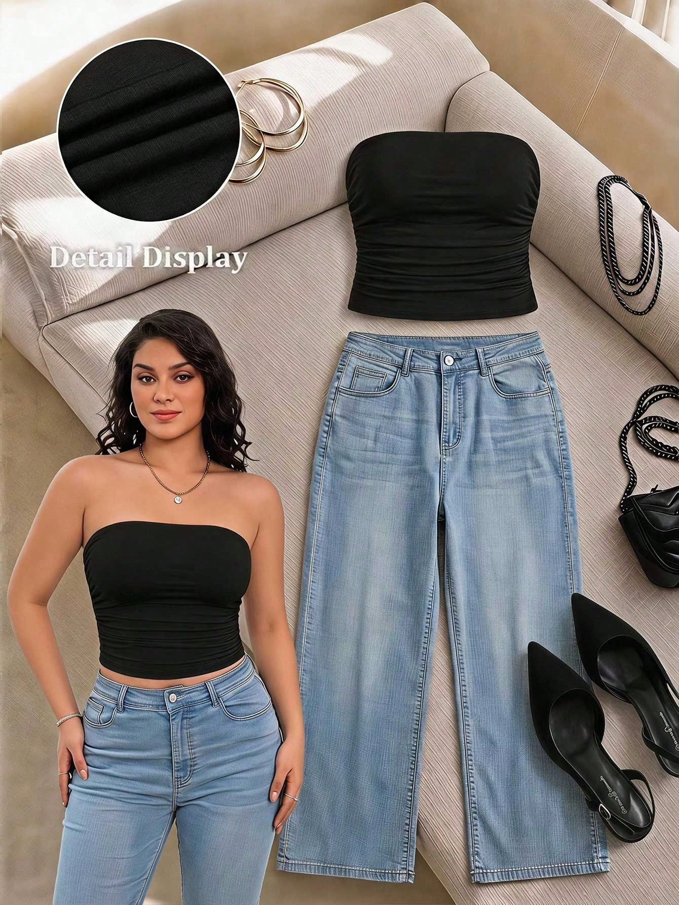 EZwear Women\ Plus Size Pleated Solid Color Bandeau Top