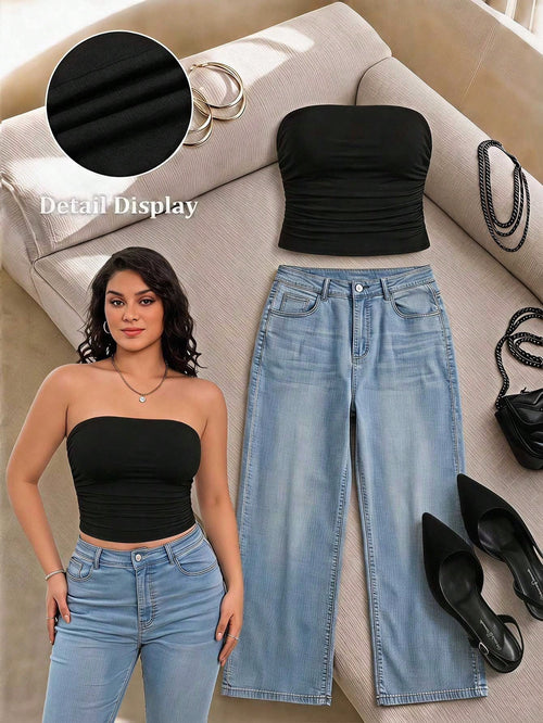 EZwear Women\ Plus Size Pleated Solid Color Bandeau Top