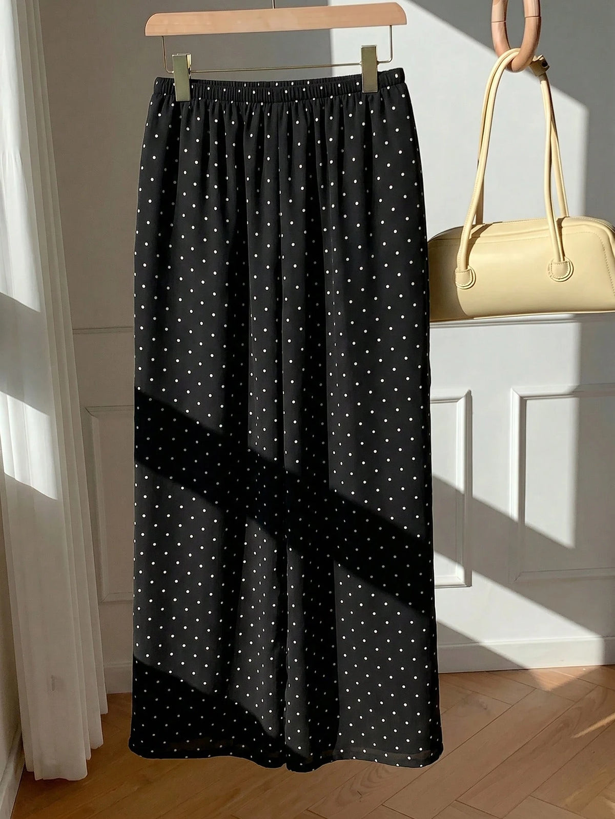 EZwear Women's 100 Cotton Casual Vacation Style Polka Dot Print Drawstring Waist Loose Wide Leg Pants Day Black And White Polka Dot Summer
