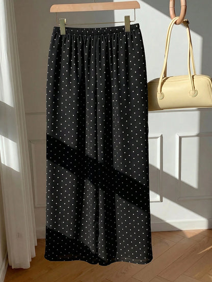EZwear Women's 100 Cotton Casual Vacation Style Polka Dot Print Drawstring Waist Loose Wide Leg Pants Day Black And White Polka Dot Summer
