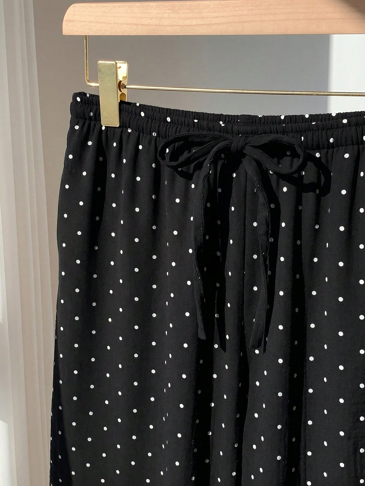 EZwear Women's 100 Cotton Casual Vacation Style Polka Dot Print Drawstring Waist Loose Wide Leg Pants Day Black And White Polka Dot Summer