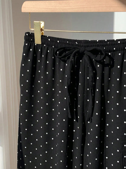 EZwear Women's 100 Cotton Casual Vacation Style Polka Dot Print Drawstring Waist Loose Wide Leg Pants Day Black And White Polka Dot Summer