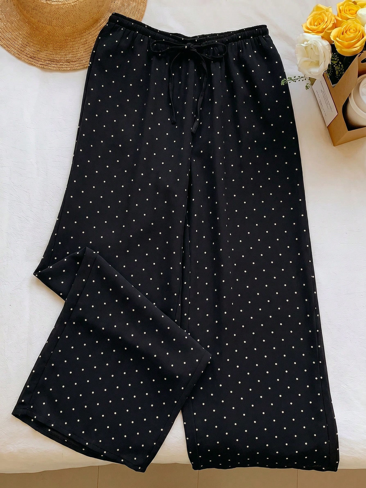 EZwear Women's 100 Cotton Casual Vacation Style Polka Dot Print Drawstring Waist Loose Wide Leg Pants Day Black And White Polka Dot Summer