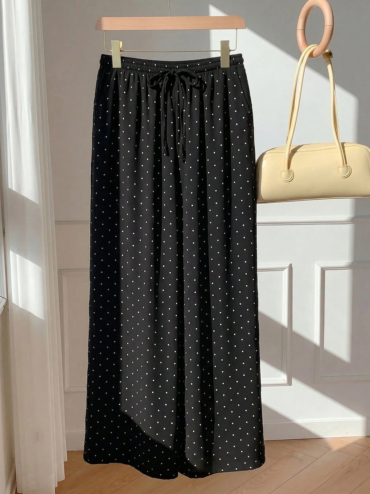 EZwear Women's 100 Cotton Casual Vacation Style Polka Dot Print Drawstring Waist Loose Wide Leg Pants Day Black And White Polka Dot Summer