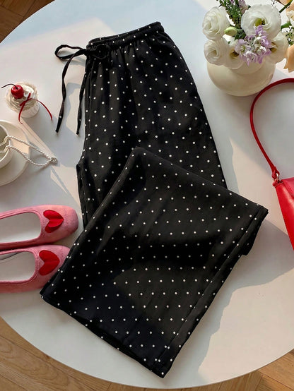 EZwear Women's 100 Cotton Casual Vacation Style Polka Dot Print Drawstring Waist Loose Wide Leg Pants Day Black And White Polka Dot Summer