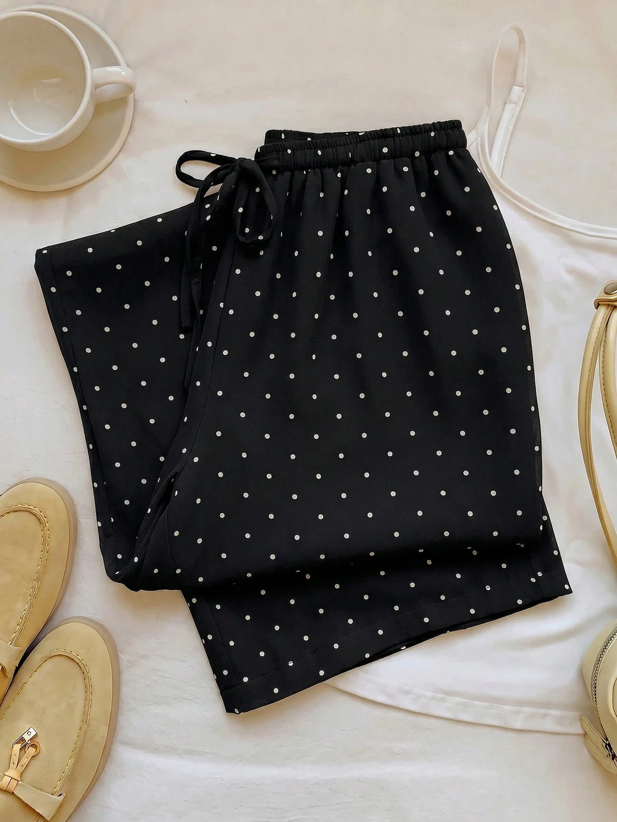 EZwear Women's 100 Cotton Casual Vacation Style Polka Dot Print Drawstring Waist Loose Wide Leg Pants Day Black And White Polka Dot Summer