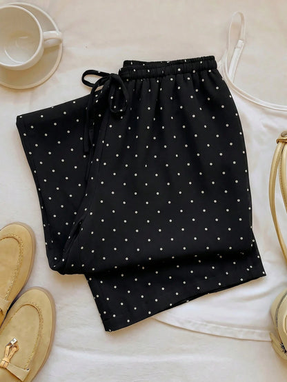 EZwear Women's 100 Cotton Casual Vacation Style Polka Dot Print Drawstring Waist Loose Wide Leg Pants Day Black And White Polka Dot Summer