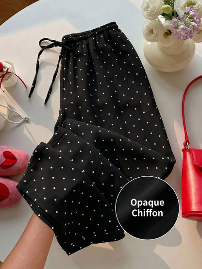 EZwear Women's 100 Cotton Casual Vacation Style Polka Dot Print Drawstring Waist Loose Wide Leg Pants Day Black And White Polka Dot Summer