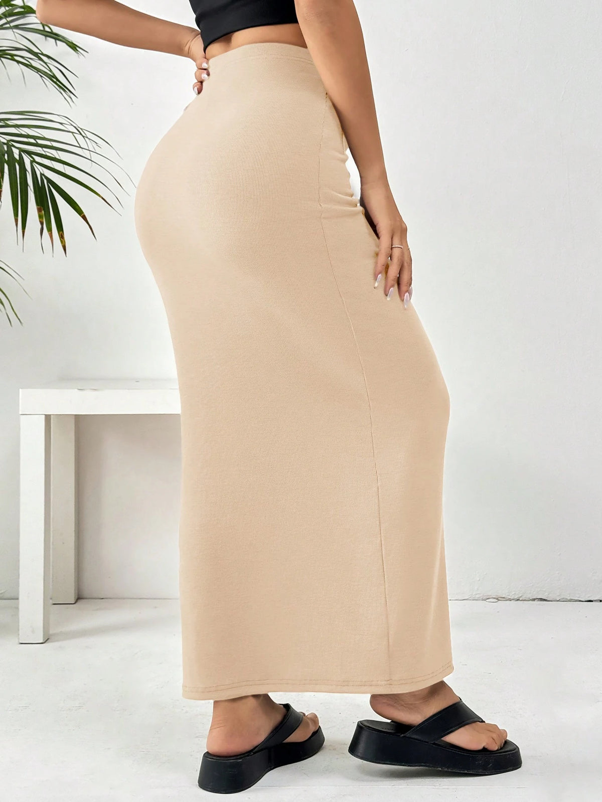 EZwear Women'S Black Knit Tight-Fit Knee-Length Skirt