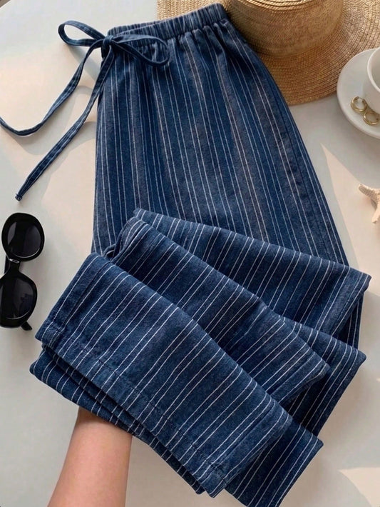 EZwear Women's Casual Waist Tie Straight Leg Pants, Suitable For Summer