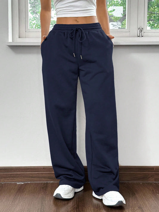 EZwear Women's Knitted Casual Sporty Style, Navy Blue And White Striped Letter Print Drawstring Wide-Leg Sweatpants